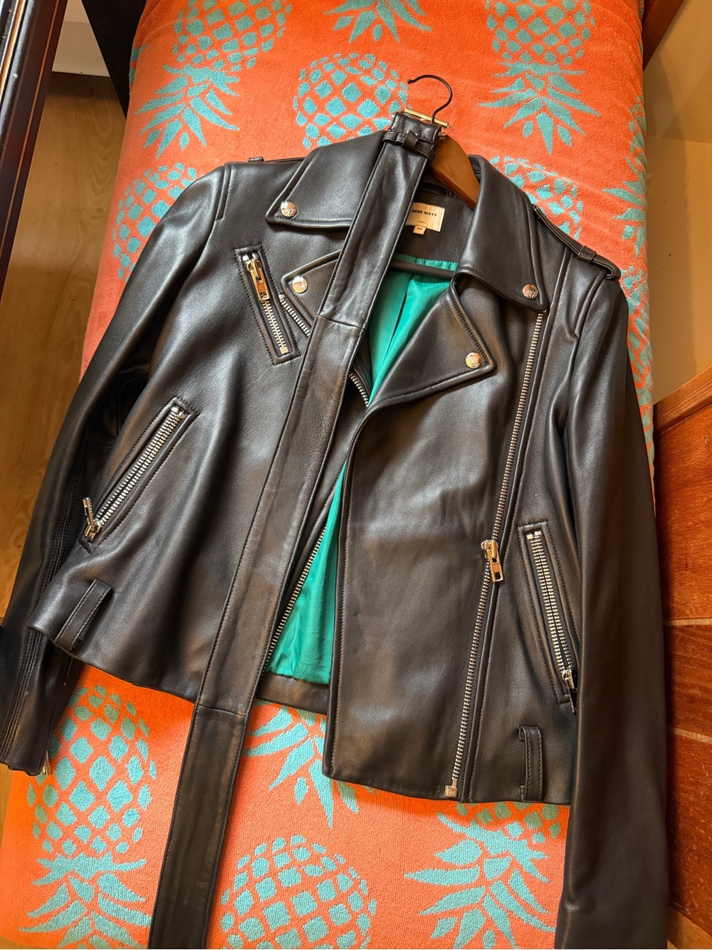 Miss Sixty Black Leather Moto Jacket with Teal Lining